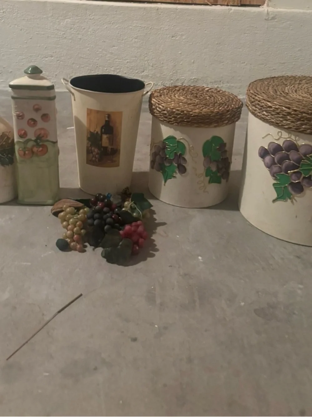Pier 1  Cream and Green Grape Themed Canister Set with Decorative Fruit